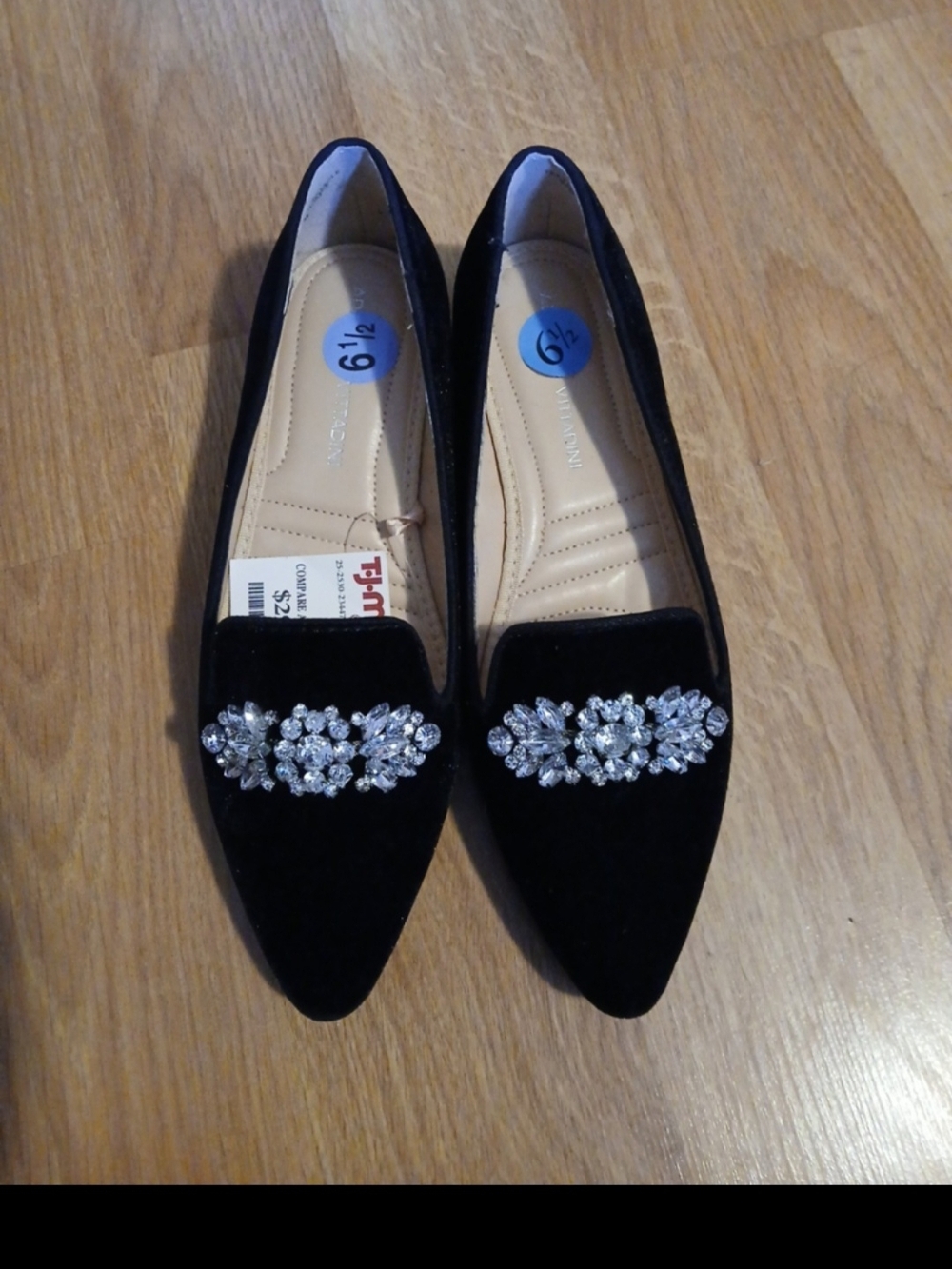 Black Velvet Pointed Flats with Crystal Brooch Accent